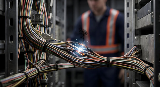Sparking electrical wires in server room with tangled cables and blurred technician monitoring system cybersecurity.