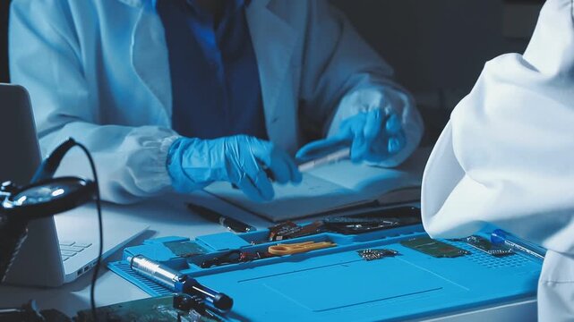 A close-up view of a technician wearing black gloves holding a computer processor chip while working on a laptop motherboard with a precision screwdriver.