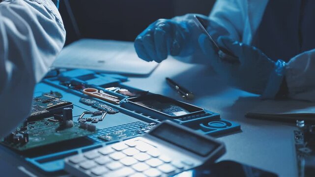 A close-up view of a technician wearing black gloves holding a computer processor chip while working on a laptop motherboard with a precision screwdriver.