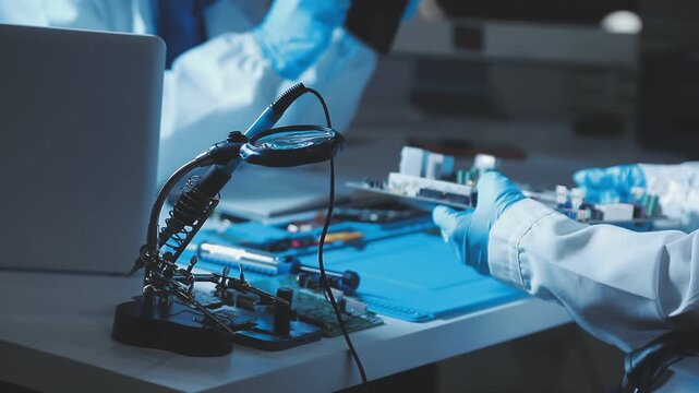 A close-up view of a technician wearing black gloves holding a computer processor chip while working on a laptop motherboard with a precision screwdriver.