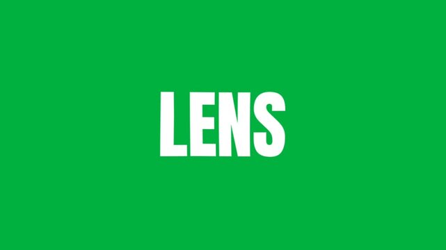 Simple animated text showing the word lens in bold white on green background, clean typography for camera theme, optical concept, or creative title display.