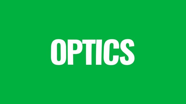 Animated white OPTICS text on a bright green background with bold clean typography, ideal for vision, lenses, science, and technology concepts.