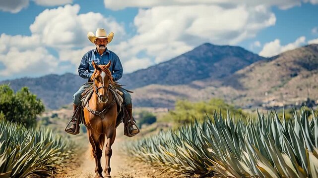 mexican farmer on his horse walking in the agave field video