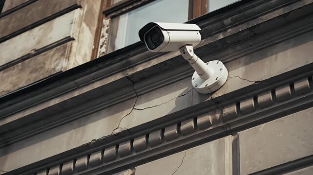 White security camera mounted on a cracked stone building wall