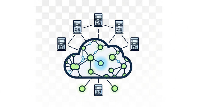 Cloud computing server network connected by digital nodes and data lines