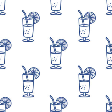 Lemon drink seamless pattern. Line art background with glasses, straws and citrus slices. Blue objects on white. Simple vector print on fabric and paper. Hand drawn endless wallpaper, textile, package