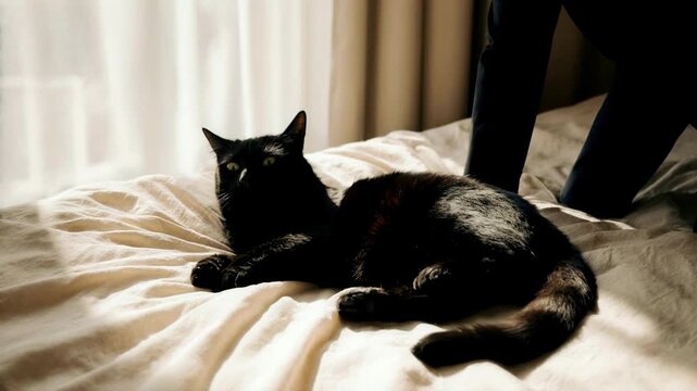 Hand petting a black cat on a sunlit bed. Feline pet relaxing and stretching on white sheets. Domestic animal care and rest concept