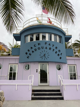 Miami, Florida, USA, June 27, 2025: The Beach Patrol Headquarters located at 1001 Ocean Drive was designed by Robert Taylor in 1934. It is now included in the historic Art Deco district.