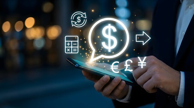 Man using smartphone for digital currency exchange and financial transactions with glowing icons of money and calculator.