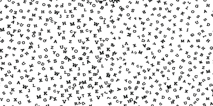 Black and white pattern with scattered random capital letters of the alphabet