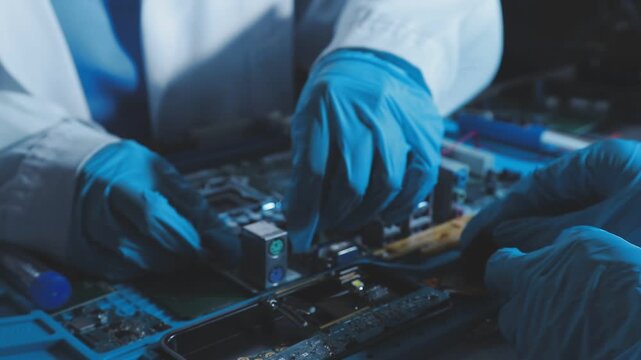 A close-up view of a technician wearing black gloves holding a computer processor chip while working on a laptop motherboard with a precision screwdriver.
