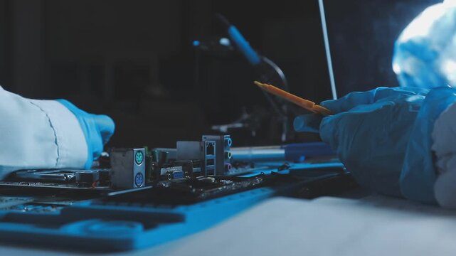 A close-up view of a technician wearing black gloves holding a computer processor chip while working on a laptop motherboard with a precision screwdriver.