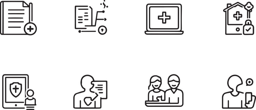 Medical insurance and online healthcare security thin line icons set with digital patent documentation hospital card and home clinical protection symbols