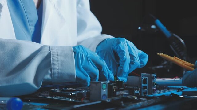 A close-up view of a technician wearing black gloves holding a computer processor chip while working on a laptop motherboard with a precision screwdriver.