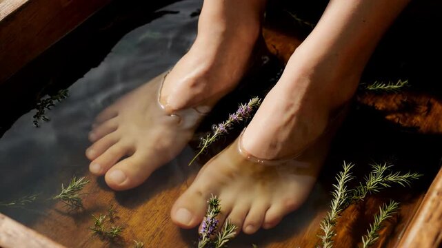 Feet soaking in a wooden tub with lavender and rosemary. Relaxing spa treatment with warm water and steam. Vacation and rest concept