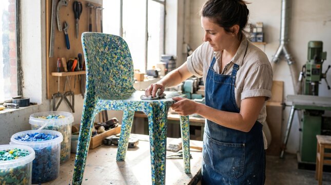 Female artisan sanding colorful chair made from recycled plastic materials in workshop