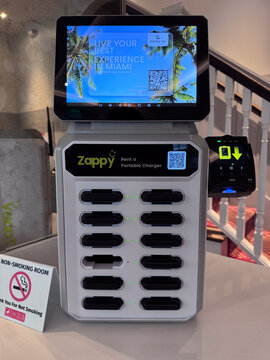 Miami, Florida, USA, June 27, 2025: Zappy portable phone-charging station. Zappy is a network of portable phone-charging stations that allows users to rent, use, and return power banks on the go.