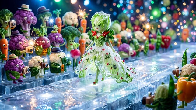 The iceberg lettuce is positioned like a giant crystal among pieces of cauliflower styled as fashionable partygoers and camera flashes. The background features an illuminated icy surface