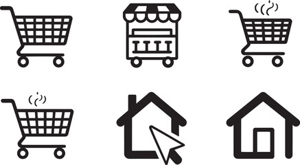 Online shopping and e commerce line icons set with supermarket cart market stall store kiosk and home delivery symbols © rofikgraph24
