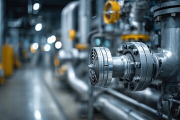 Fototapeta premium Industrial metal pipe system with valves and connectors in a factory environment with blurred background and focused machinery details