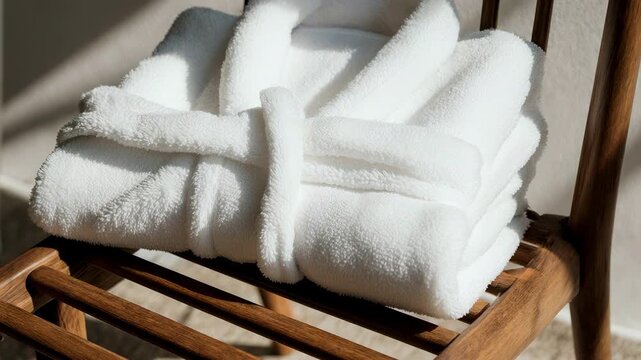 White bathrobe folded on a wooden chair. Plush cotton robe in a sunlit room. Spa and luxury hospitality concept