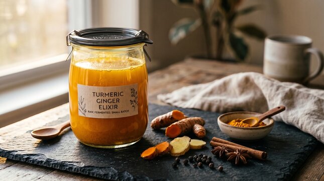 A glass jar of turmeric and ginger elixir sits near spices and a spoon on a rustic wooden table