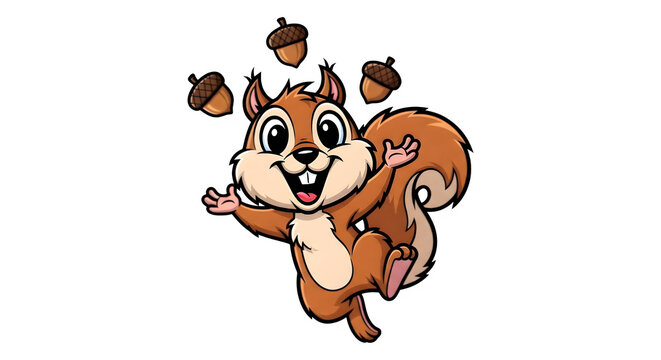 A cartoon squirrel jumping in the air with acorns falling around it on transparent background