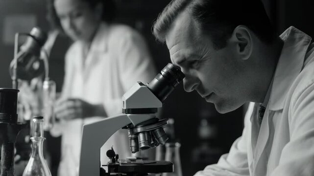 Profile of a scientist using a microscope in a vintage laboratory. Monochrome historical footage. First and Second World War science and medicine concept