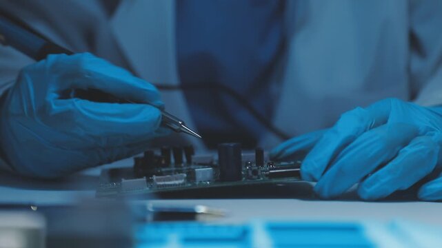A close-up view of a technician wearing black gloves holding a computer processor chip while working on a laptop motherboard with a precision screwdriver.