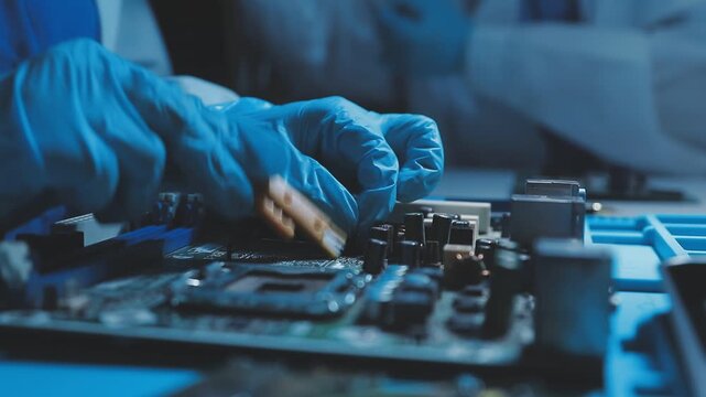 A close-up view of a technician wearing black gloves holding a computer processor chip while working on a laptop motherboard with a precision screwdriver.