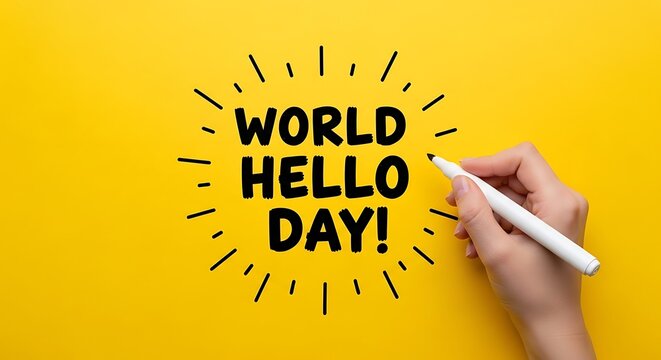 World hello day concept hand drawing text on bright yellow background