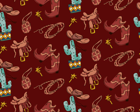 Cowboy pattern of a wild west traveler with boots, lasso, cactus in a cowboy hat and saddle