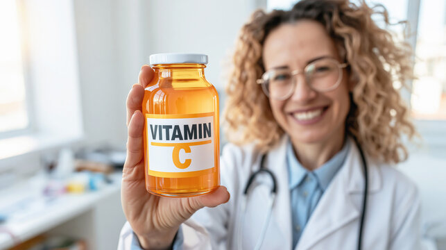 Smiling doctor holds a vitamin C supplement jar toward the camera in a bright clinic. Selective focus.
