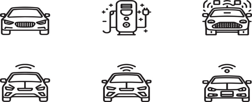 Electric vehicle and autonomous smart car icons set with EV charging station and self driving vehicle symbols