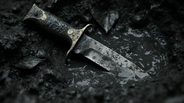 Combat knife stuck in wet mud on a battlefield. Close up of a dirty bayonet in a trench. World war military and conflict concept