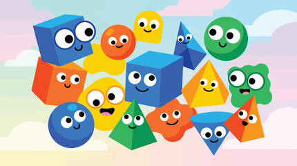 Fototapeta premium Colorful geometric shapes with cute cartoon eyes and happy faces designed as a playful educational vector illustration for young children
