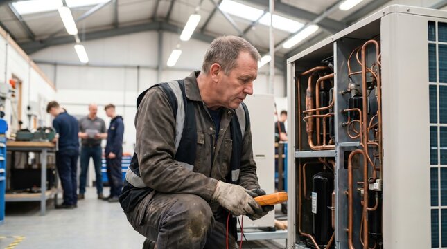 Experienced technician using multimeter to repair electrical heat pump system in industrial workshop