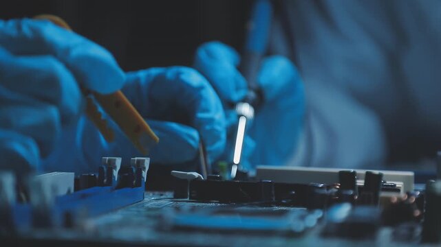 A close-up view of a technician wearing black gloves holding a computer processor chip while working on a laptop motherboard with a precision screwdriver.
