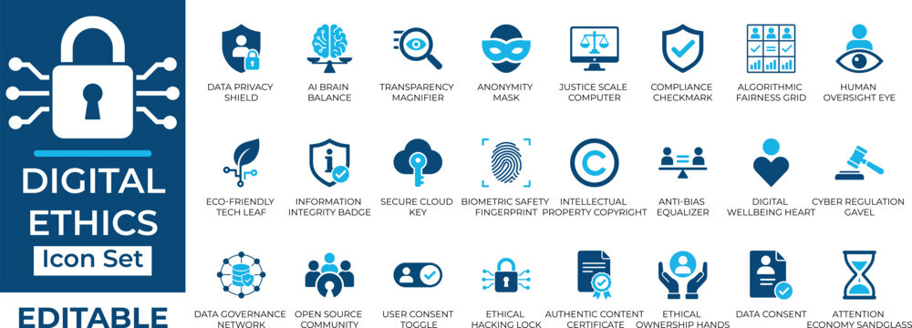 Digital ethics, AI fairness and data privacy vector icon set. Includes cybersecurity, compliance and cyber law editable symbols.