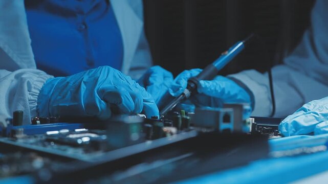 A close-up view of a technician wearing black gloves holding a computer processor chip while working on a laptop motherboard with a precision screwdriver.