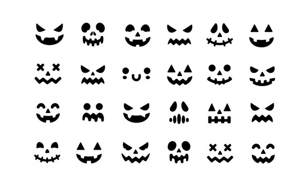 Spooky halloween pumpkin faces, scary monster or ghost face expressions. Creepy character evil eyes and smile, autumn holiday horror decor element, funny pumpkin lantern cut out silhouette vector set.