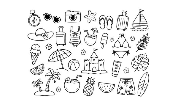 Hand drawn summer doodles, beach party, vacation and travel doodle elements. Tropical leaves, fruits and cocktails sketches, cute summertime line stickers vector set