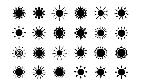 Black sun silhouette logo icon, suns with sunrays symbols. Summer sunshine doodle silhouettes, abstract sunlight icons vector set