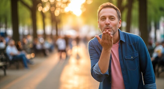 Man blowing a kiss in a park at golden hour, conveying warmth and affection during a relaxed outdoor moment