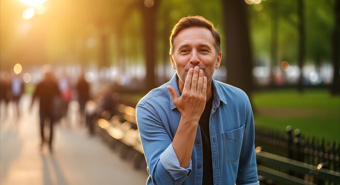 Smiling middle-aged man blowing a kiss in a sunlit park, conveying warmth and affection