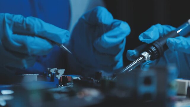 A close-up view of a technician wearing black gloves holding a computer processor chip while working on a laptop motherboard with a precision screwdriver.