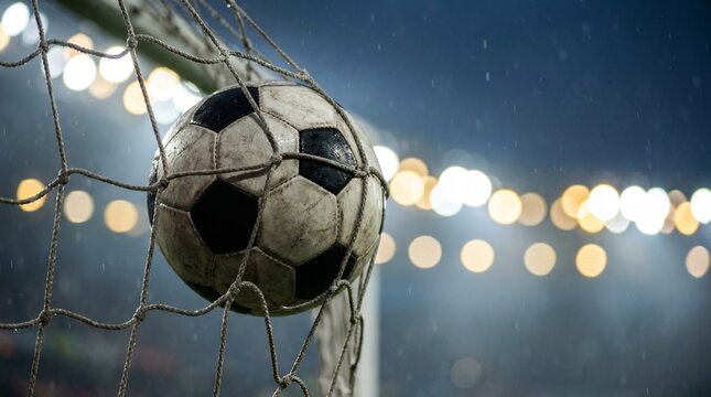 Soccer ball in goal net during a rainy night match