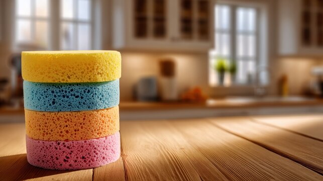A stack of colorful cleaning sponges in yellow, blue, orange, and pink sitting on a wooden kitchen countertop with a softly lit modern kitchen interior in the backgr