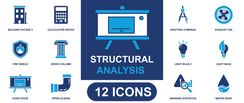 Structural analysis icon set. Containing engineering, blueprint, construction, architecture, measurement, drafting, design tools, building structure and more. Solid fill vector icons collection.