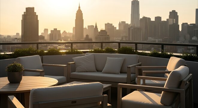 Rooftop lounge furniture with city skyline at sunset, golden hour ambiance for relaxation and urban escape